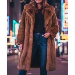 Mink Faux Fur Mr. YTG Brown Black Knee Length Coat Luxury Old Money Classic Sz M